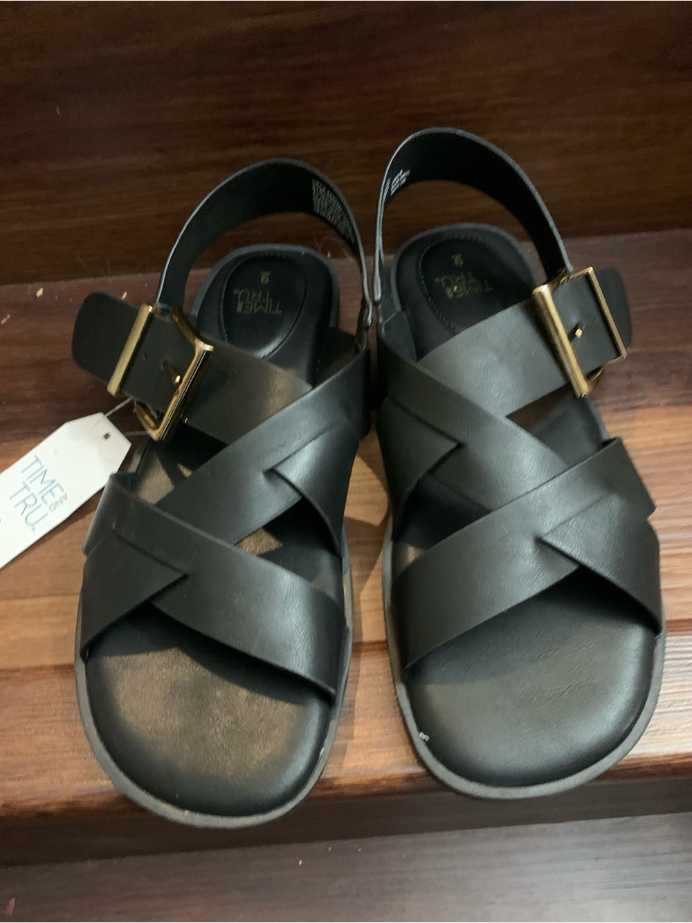 New Woman’s Time and Tru Black Cross-Strap Sandals with Gold Buckle. Size 9